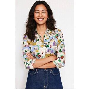 Boden Sienna Cotton Long Sleeve Shirt Colorful London City Print Button Sz 4